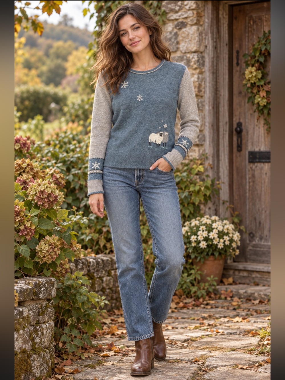 Woolrich Lambswool Sheep Snowflake Sweater M Petite Blue Gray